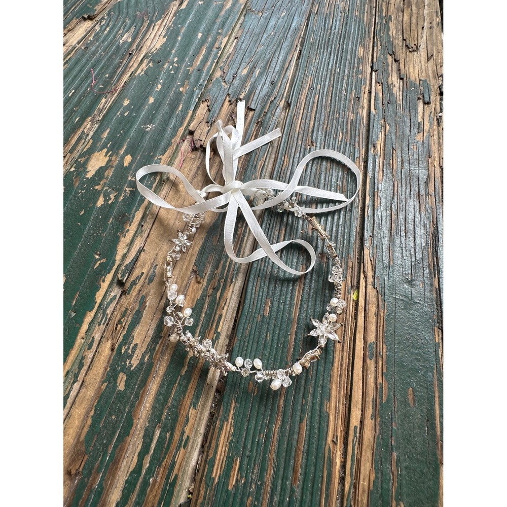 Bridal Floral Crystal Pearl Vine Headband Silver Ribbon Tie Wedding Accessory